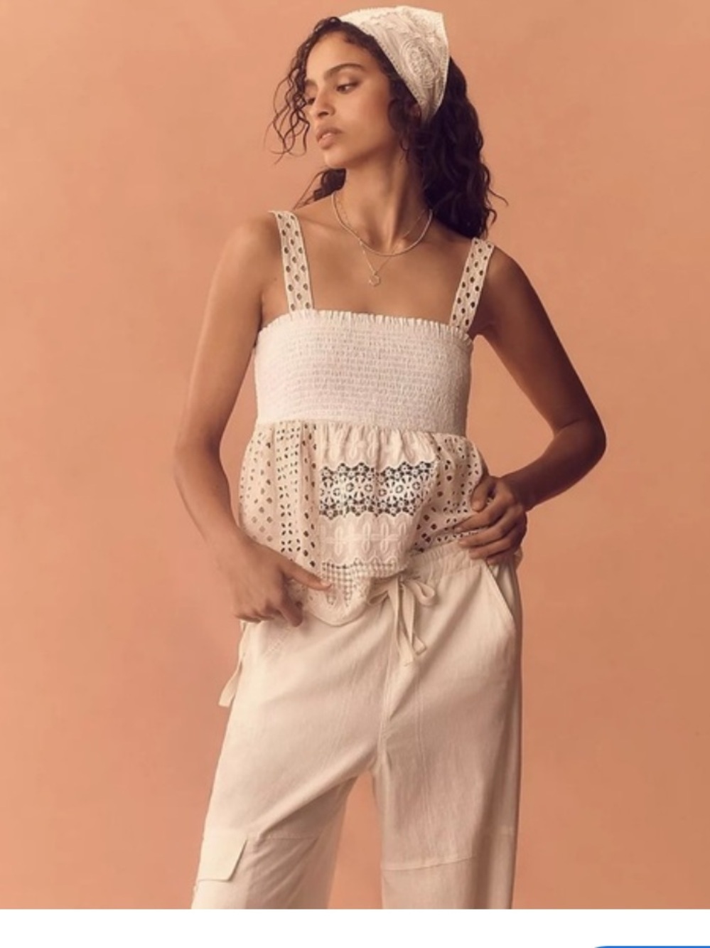 Anthropologie Ivory Smocked Peplum Tank XS Eyelet Lace Texture Details L👀K